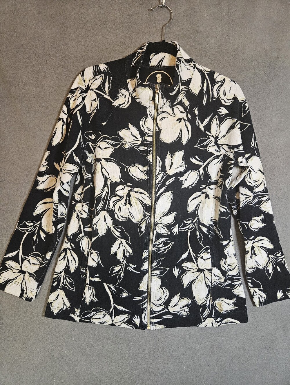 Tommy Bahamas Noche Mar Floral Jacket Full Zip Black Cream Gold Womens Large